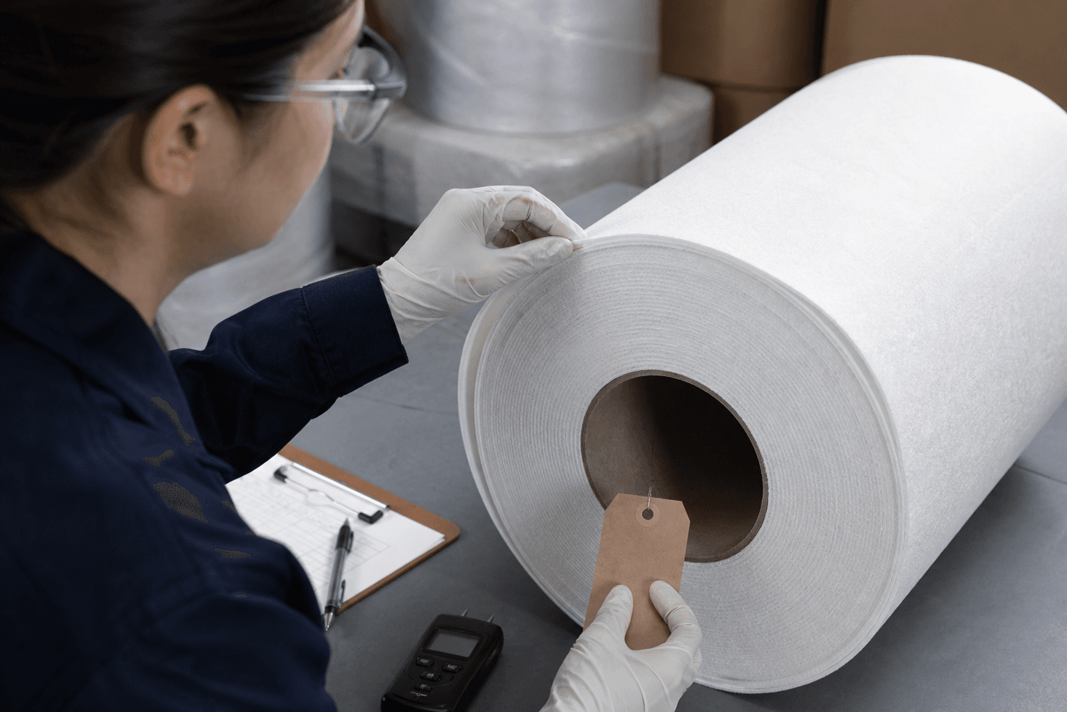 Quality inspector checking an aged industrial filter paper roll before release