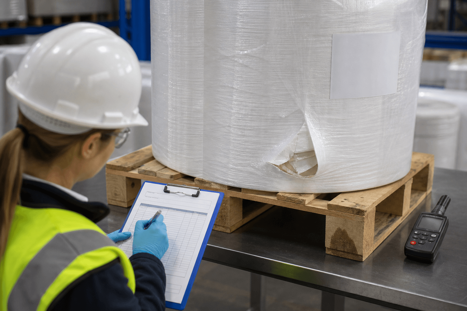 Warehouse inspection of damaged packaging and moisture risk on a filter paper roll